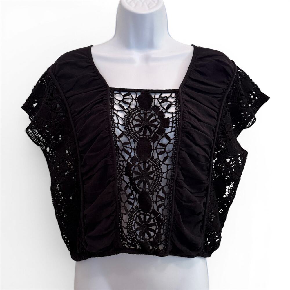 Free People Black Crochet Lace Bubble Crop Top Sz S Boho Cottagecore Whimsigoth